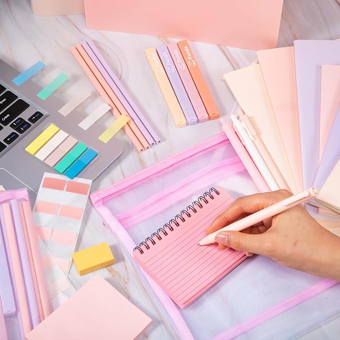 Colarr 54 Pieces Aesthetic School Supplies Including Pastel Highlighters Document Bags Pencils Notebooks Pencil Pouch Ink Pens Sticky Notes Erasers Back to School Gift Stationary Kit (Pink)-DeskLoop Office