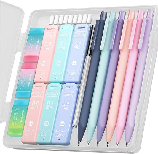 Four Candies Cute Mechanical Pencil Set, 6PCS Pastel Mechanical Pencils 0.5 mm & 0.7mm & 0.9mm with 360PCS Leads, 3PCS Erasers and 9PCS Eraser Refills, Aesthetic Pencils for Girls Writing, Art Drawing-DeskLoop Office