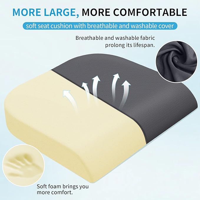 Large Seat Cushion,Soft Foam Cushion for Long Sitting Hours on Office Chair, Home & Car, Non-Slip Chair Pad for Relieving Back & Sciatica & Hip & Coccyx Pain (Grey)