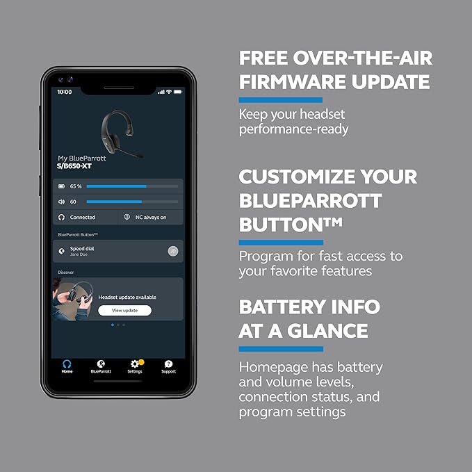 BlueParrott S650-XT Bluetooth Wireless Headphones 96% Noise Canceling Over Head Trucker Headset with Mic, 2-in-1 Convertible Stereo to Mono with ANC, IP54-Rated Protection, 36 hrs. Talk Time, Black-DeskLoop Office