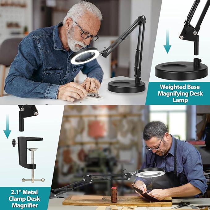 10X Magnifying Glass with Light and Stand, 2-in-1 Desk Lamp & Clamp Light, Seylae 5 Color Modes, Brightness Stepless Dimmable LED Lighted Magnifier Hands Free, Magnifier Lamp with Light for Close Work
