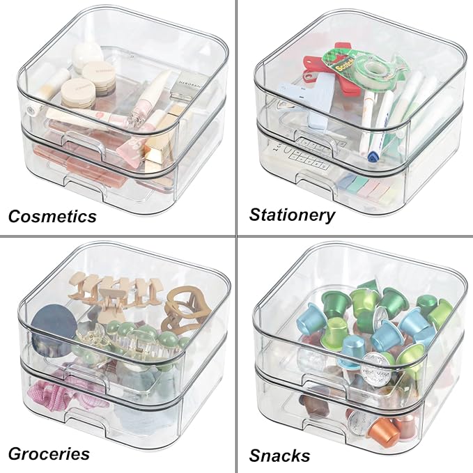 Set of 2 Stackable Storage Drawers - 7.8" Clear Plastic Drawer Storage, Acrylic Makeup Organizer, Desk Counter Cabinet Office Organizer, Bathroom Organizers and Storage (Square/Set of 2)-DeskLoop Office