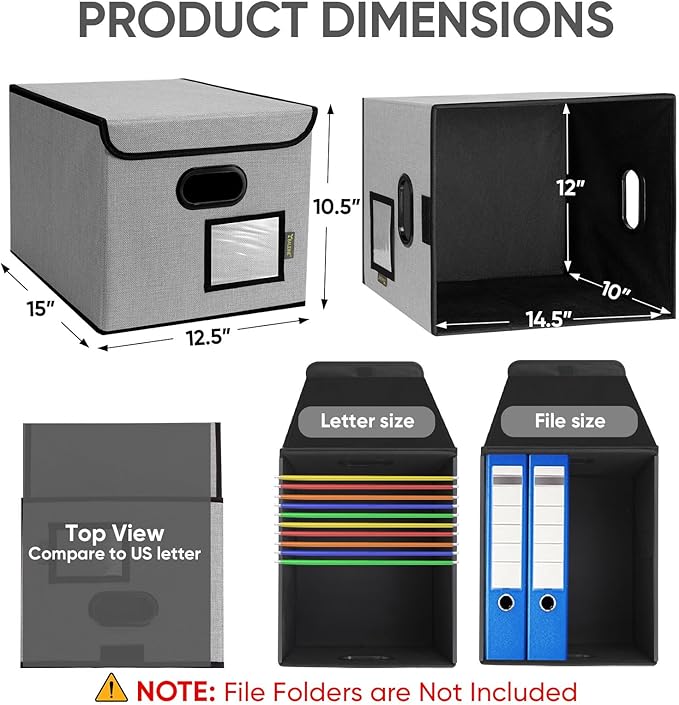 BALEINE File Organizer Box with Lid, Collapsible File Folder Organizer with Plastic Slide, Hanging File Folder Box for Office Document Storage (2 Pack, Grey)-DeskLoop Office