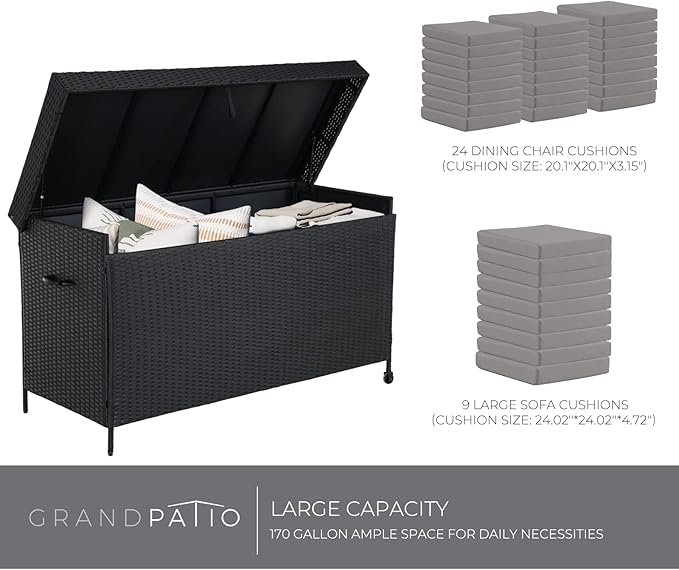 Grand patio 170 Gallon Deck Storage Box Deck Box Outdoor Storage Box Indoor Wicker Storage Bin Patio Storage Box for Patio Furniture Cushions Garden Tools Pool Accessories, Black-DeskLoop Office