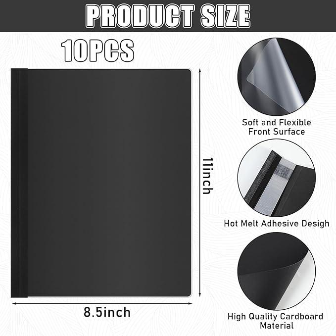 10 Pcs Thermal Binding Covers, 8.5 x 11 Inch Letter Size, 1 Inch Spine Holds 240 Sheets, Clear Front Paper Back Report Cover Suitable for Schools Offices Presentation(Black)-DeskLoop Office