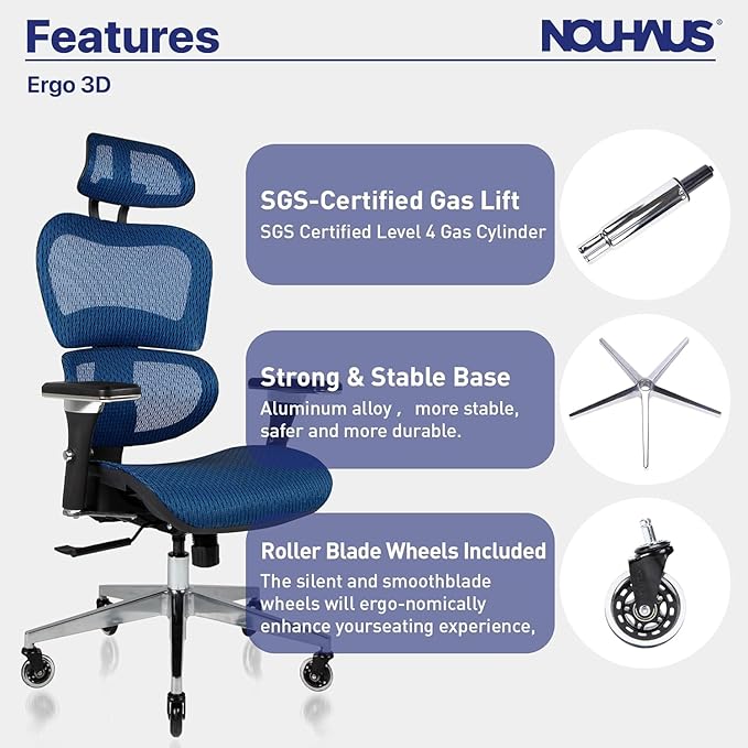 Nouhaus Ergo3D Ergonomic Office Chair Lumbar Support Mesh Office Chair with 4D Adjustable Armrest, Adjustable Headrest and Wheels, Mesh High Back Home Office Desk Chairs(Blue)-DeskLoop Office