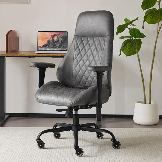 YFO Home Office Desk Chair High Back Office Rubber Chair Casters Ergonomic Computer Chair with Lumbar Support Adjustable Height Rolling Swivel Chair Executive Task Armrests, Grey Leather-DeskLoop Office