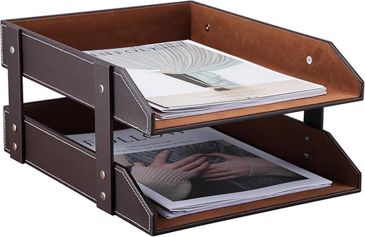 KINGFOM Letter Tray, Leather Paper Organizer Tray, Wooden Desk File Holder, Desktop File, Stackable Magazine Holder, Mail Sorter, Great for Home or Office - 2 Level Brown-DeskLoop Office
