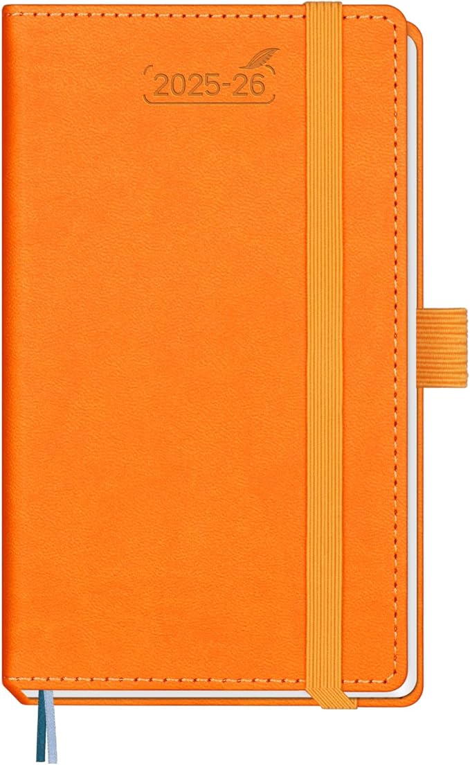 BEZEND Pocket Planner 2025-2026 Weekly and Monthly, 3.5" x 6" Academic Planner (Jul 25-Dec 26) 18-Month Mid-Year Calendar Book, Storage Pocket, Pen Holder, PU Leather Hardcover - Orange-DeskLoop Office