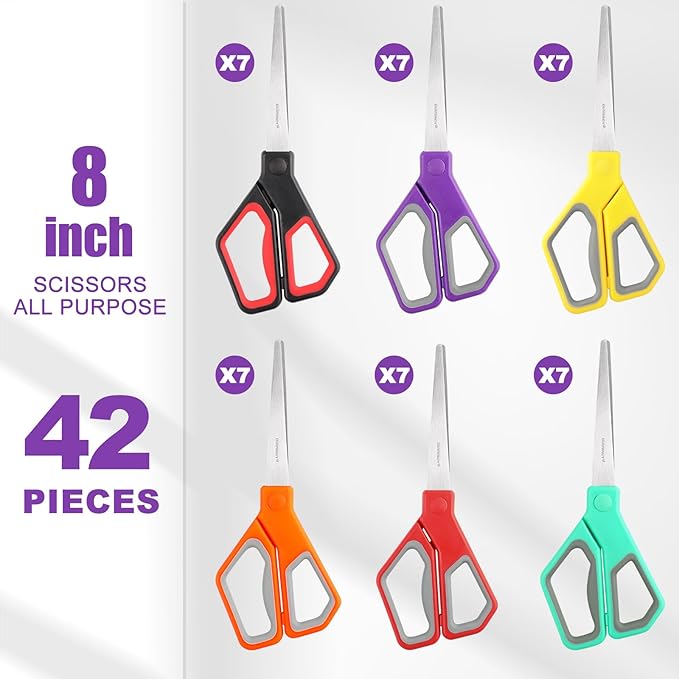 42Pack 8" Scissors All Purpose, Heavy Duty Scissors with Ultra Sharp Blades Comfort Grip Handles - For Office Home School Sewing Fabric Crafts, High/Middle School Student Teacher Scissor-DeskLoop Office