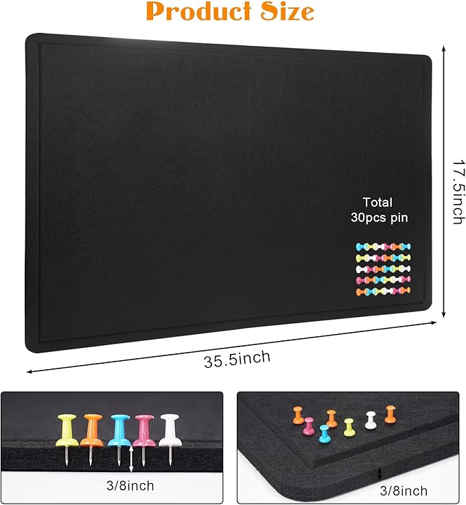 Bulletin Board - 35 x 17.5 inches Decorative Felt Pin Board - Cork Board Alternative for Wall - Foldable Photo Board Self-Adhesive Prayer Board with 20 Pushpins - Black-DeskLoop Office