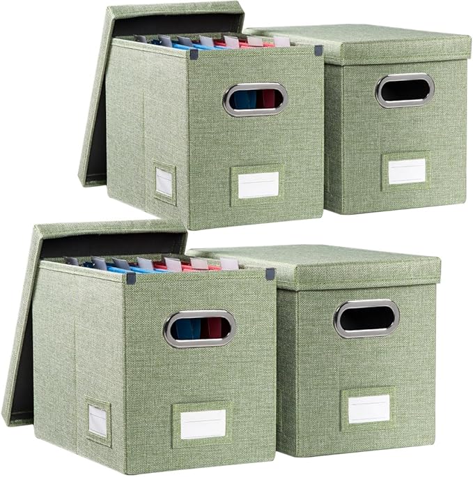 PRANDOM File Organizer Box - Set of 4 Collapsible Decorative Linen Filing Storage Hanging File Folders with Lids Office Cabinet Letter Size Green (14x9.3x10.8 inch)-DeskLoop Office