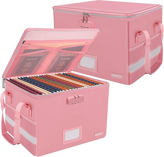 ENGPOW File Box with Lock, Fireproof Document Box with Pockets, Collapsible File Organizer Filing Storage Cabinet with Handle, Portable Home Office Safe for Hanging Letter/Legal Folders, Pink, 2 Pack-DeskLoop Office