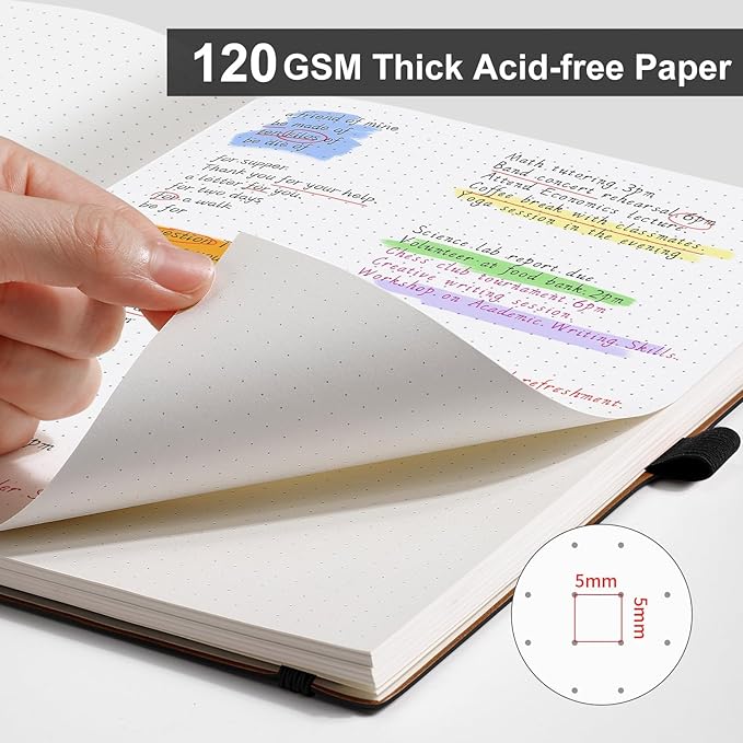 AHGXG Bullet Dotted Journal - Dot Grid Notebook Journal, 120 GSM Thick Acid-Free Paper, Large B5 Dotted Notebook 96 Pages, Leather Softcover, Inner Pocket, Journal Stencil, 7.6'' X 10'' - Black-DeskLoop Office