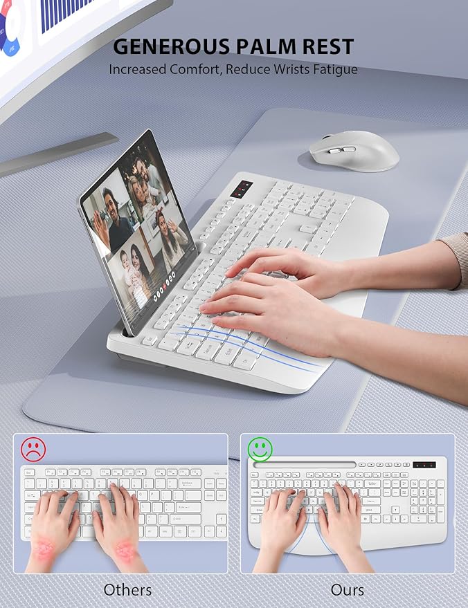 Wireless Keyboard and Mouse Combo - Full-Sized Ergonomic Keyboard with Wrist Rest, Phone Holder, Sleep Mode, Silent 2.4GHz Cordless Keyboard Mouse Combo for Computer, Laptop, PC, Mac, Windows,White-DeskLoop Office
