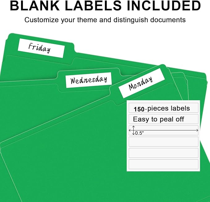 File Folder, RAZCC 150 Pack 1/3 Cut Tab File Folders Letter Size, Creen, Colored Folders with Tab Great for Organizing and Easy File Storage-DeskLoop Office