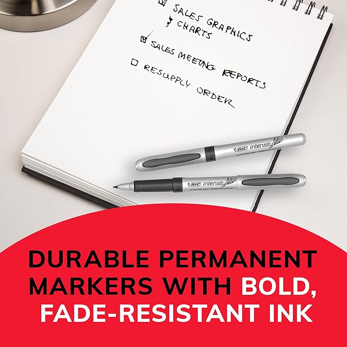 BIC Intensity Blue Permanent Markers, Ultra Fine Point, 12-Count Pack of Blue Markers With Non-Slip Grip for Comfort and Control-DeskLoop Office