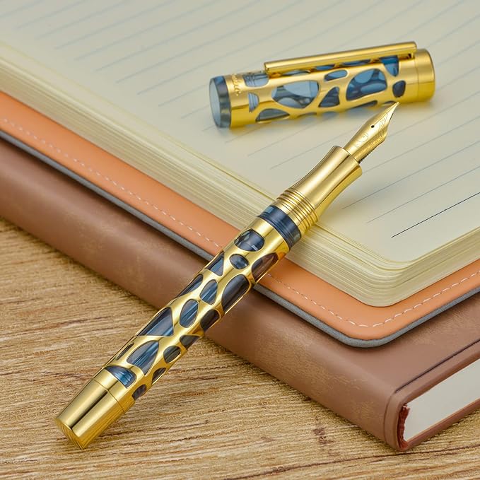 Asvine V169 Vacuum Filling Fountain Pen Medium Nib, Water Drop Skeleton Gold Trim Transparent Gray Blue Acrylic Pen Case Set-DeskLoop Office