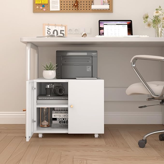 Under Desk Printer Stand with Wheels, Low Printer Stand Storage, Filing Cabinet with Paper Storage Shelf, File Carts with 2 Doors, Mobile Printer Holder for Home Office, School, White-DeskLoop Office