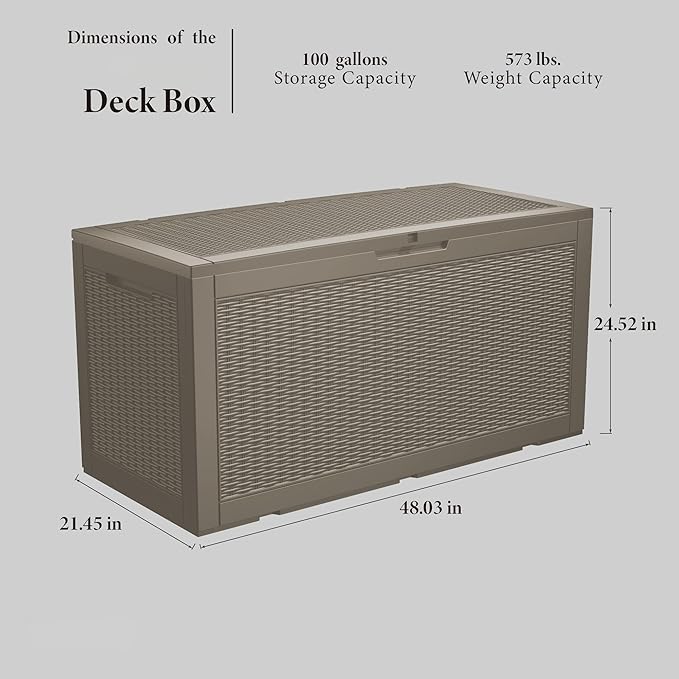 100 Gallon Outdoor Storage Box Waterproof Lockable Resin Deck Box Large, Patio Storage Bin for Pool Accessories Cushion Furniture, Garden Tools, UV-Resistant Outside Delivery Grey-DeskLoop Office