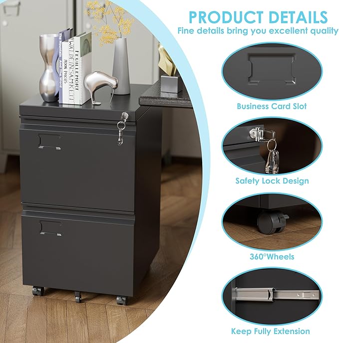 Aobabo 2 Drawer File Cabinet, Lockable Metal Filing Cabinet with Wheels for Home Office, Legal/Letter Size, Required Assembled,Black-DeskLoop Office