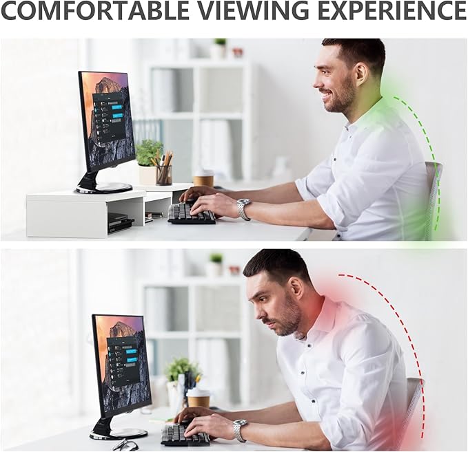 TAVR Furniture Dual Monitor Stand Riser, Computer Monitor Stands for 2 Monitors, Extra Long Multifunctional Desktop Organizer Riser for Computer, Laptop, PC, Printer, TV, Max 43.3" Length, White-DeskLoop Office