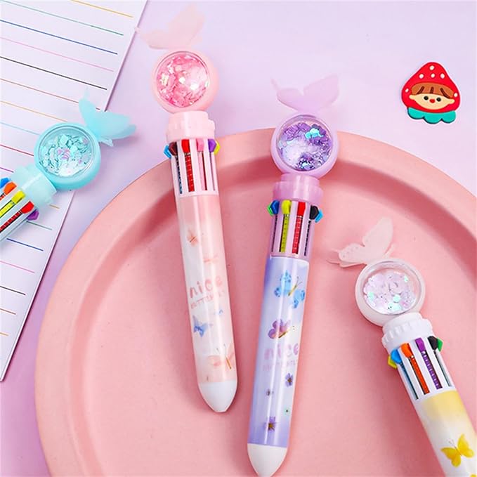 4pcs Set Multi-Color Shuttle Pens 10-In-1 Retractable Ballpoint Pen 0.5mm, Butterfly Design, Home Office School Supplies for Students Kids (4pcs Random Color)-DeskLoop Office