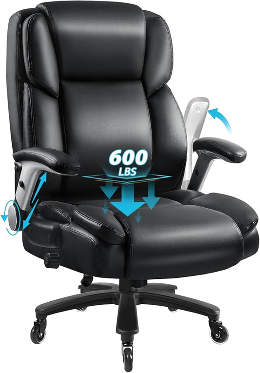 Big and Tall Office Chair 600LBS, Heavy Duty Office Chair for Heavy People, High Back Executive Office Leather Chair with Adjustable Armrests and Lumbar Support, Black Ergonomic Big Tall Chair-DeskLoop Office