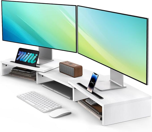 AMERIERGO Dual Monitor Stand Riser- 3 Shelf Screen Stand with Adjustable Length and Angle, 2 Extra Functional Slot Desktop Organizer Stand for PC, Computer, Laptop (White)-DeskLoop Office