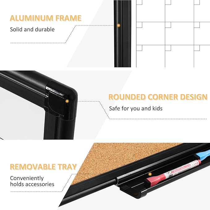 Large Dry Erase Calendar for Wall, 36"x24" Double-Sided Magnetic Whiteboard Calendar with Cork Board, Black Aluminum Frame Monthly White Board Memo Message Board for Office, Home, School-DeskLoop Office