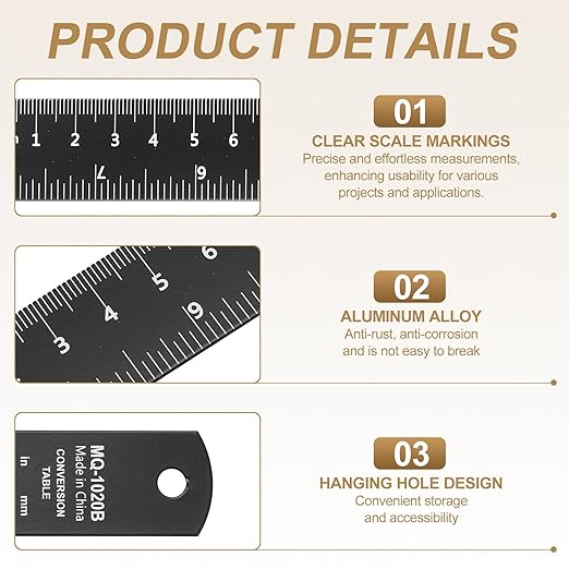 HARFINGTON 4pcs Metal Straight Ruler 30cm Metric SAE Aluminum Alloy Measuring Rulers Scale Tool with Hole for Measure Study Reading Classroom Office, Black-DeskLoop Office