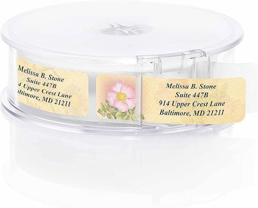 Antique Floral Designer Assorted Rolled Address Labels with Elegant Plastic Dispenser-DeskLoop Office