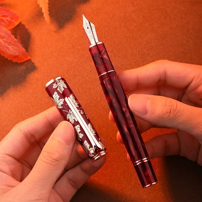 Hongdian N8 Fountan Pen, Iridium Fine Nib, Rose Gold Trim Maple Leaf Carving Cap Red Acrylic Resin, Smooth Writing Pen with Converter and Metal Pen Box Set-DeskLoop Office