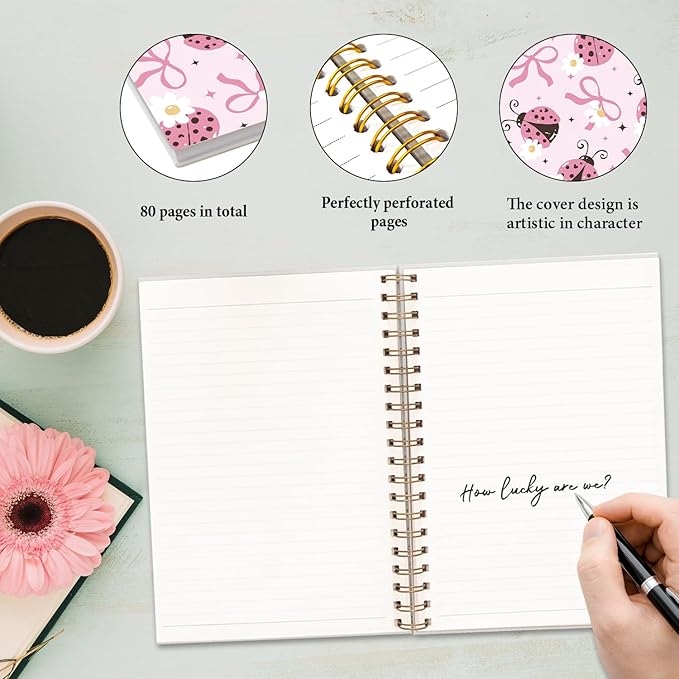 JXREQ Coquette Pink Bow Ladybug Floral Notebook Journal for Women Note Taking Study Writing, Preppy School Supplies, Pink Preppy Floral Spiral Notebooks 5.5x8.3-DeskLoop Office