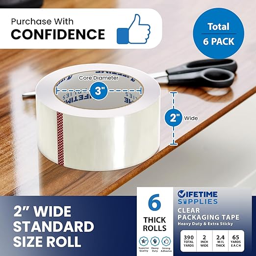 6 Rolls | 2.4 mil Clear | 65 Yards Each (390 Yards Total) | 2" Premium Packing Tape Heavy Duty Packaging Tape for Shipping Moving Stronger Thicker-DeskLoop Office