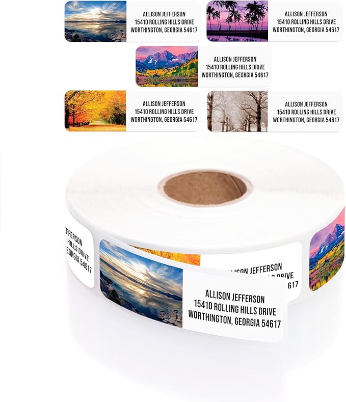 Scenic Landscape Rolled Address Labels / 250 Personalized Return Address Labels/Designer Address Stickers in Elegant Plastic Dispenser-DeskLoop Office