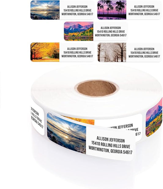 Scenic Landscape Rolled Address Labels / 500 Personalized Return Address Labels/Designer Address Stickers in Elegant Plastic Dispenser-DeskLoop Office