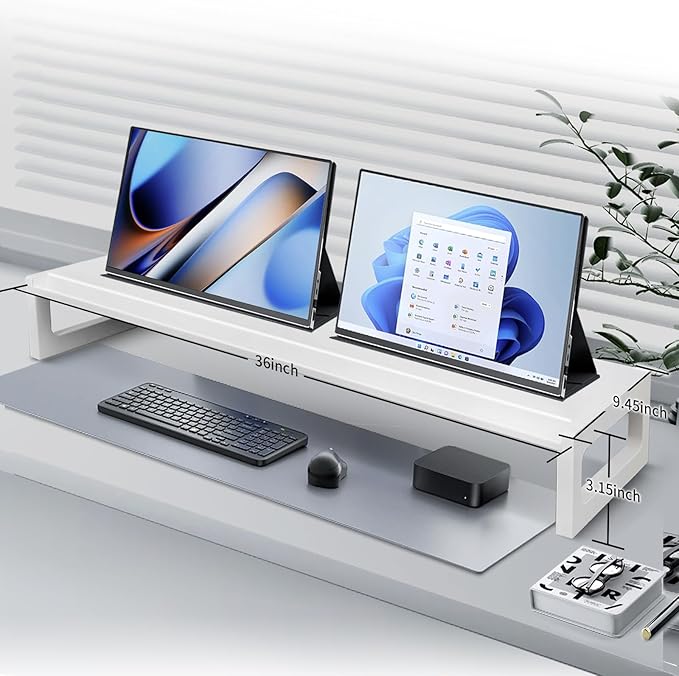 Dual Monitor Stand Riser – 36-Inch Computer Monitor Stand with Multifunctional Slot for 2 Monitors, Multi-Purpose Desktop Storage for Laptop, Printer, TV-DeskLoop Office