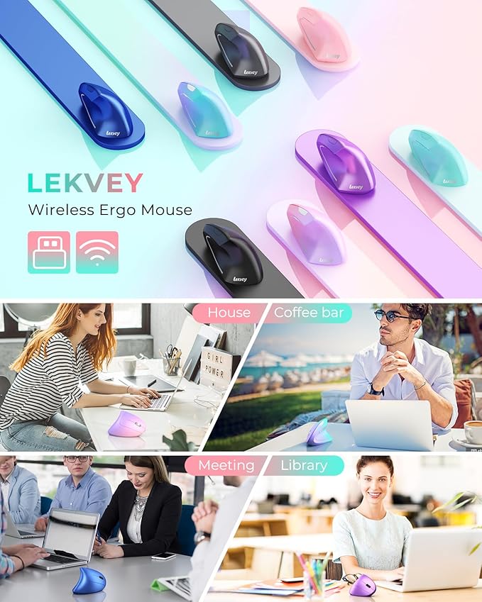 Lekvey Ergonomic Mouse, Vertical Wireless Mouse, Rechargeable 2.4G Optical Carpal Tunnel Mice with USB Receiver: 1000/1200 / 1600 DPI, 6 Buttons, for Laptop, Computer, PC, Desktop, Pink Green-DeskLoop Office