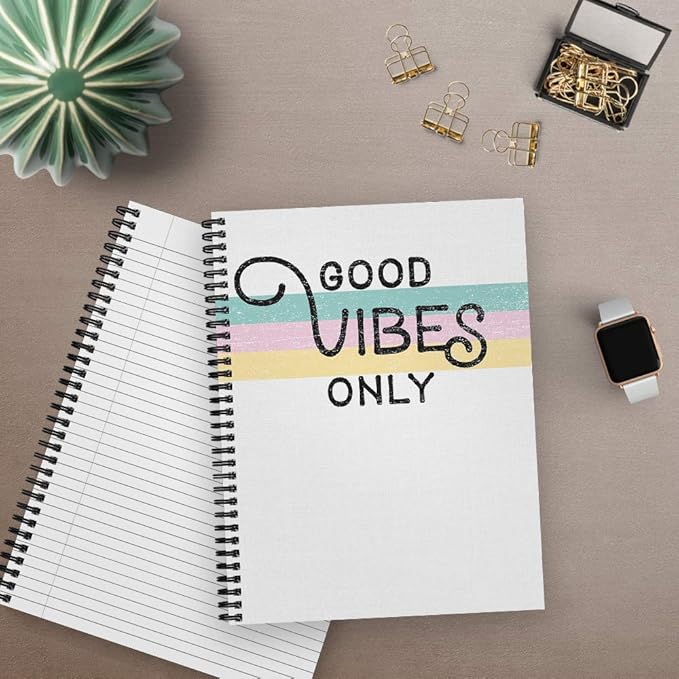 Softcover Good Vibes 8.5" x 11" Motivational Spiral Notebook/Journal, 120 College Ruled Pages, Durable Gloss Laminated Cover, Black Wire-o Spiral. Made in The USA-DeskLoop Office