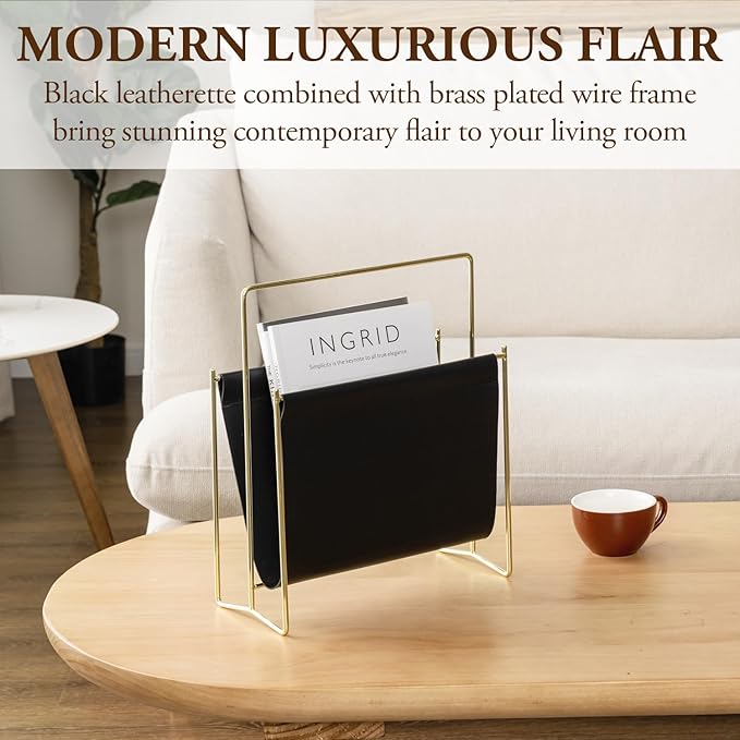 MyGift 13 Inch Modern Black Leatherette Magazine Holder Floor Standing Sling Style Rack with Gold Tone Metal Frame-DeskLoop Office