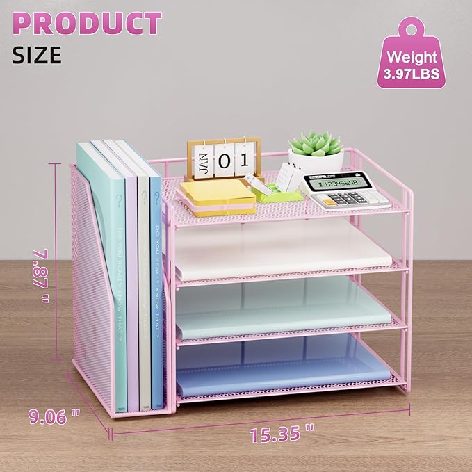 Marbrasse Desk Organizer and Accessories,4-Tier Paper Letter Tray Organizer with File Holder,Desk Accessories & Workspace Desktop Organizers for School Home Office Supplies (Pink)