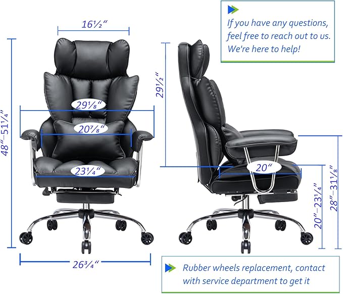 Efomao Desk Office Chair 400LBS, Big and Tall Office Chair, PU Leather Computer Chair, Executive Office Chair with Leg Rest and Lumbar Support, Black Office Chair-DeskLoop Office