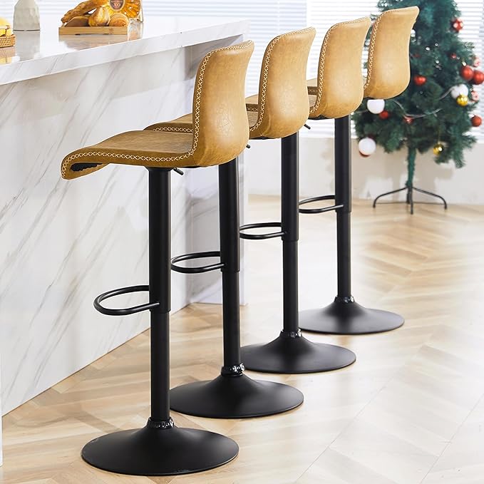 HeuGah Swivel Bar Stools Set of 2, Adjustable Counter Height Barstools with Back, Brown Faux Leather Bar Chairs for Kitchen Island (Whiskey Brown, Set of 2 (24'' to 32''))-DeskLoop Office