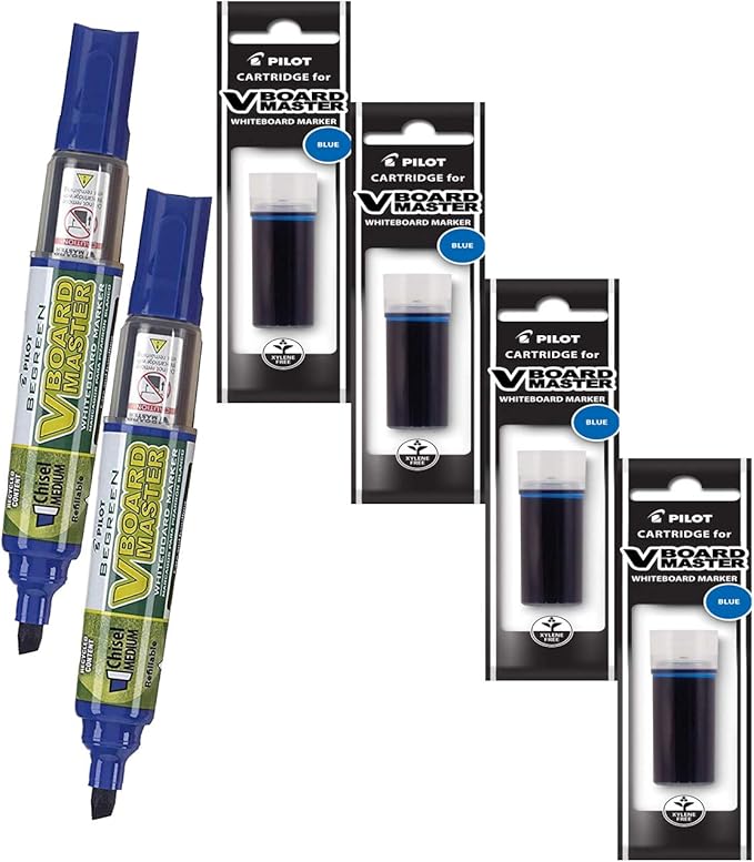 Refillable Dry Erase Markers, Pilot V Board Master, 2 Blue Ink Chisel Tip Markers with 4 Refills, P1a439156p-DeskLoop Office