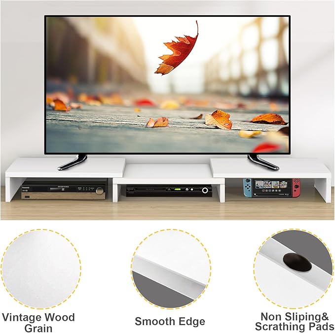 TAVR Furniture Dual Monitor Stand Riser, Computer Monitor Stands for 2 Monitors, Extra Long Multifunctional Desktop Organizer Riser for Computer, Laptop, PC, Printer, TV, Max 43.3" Length, White-DeskLoop Office