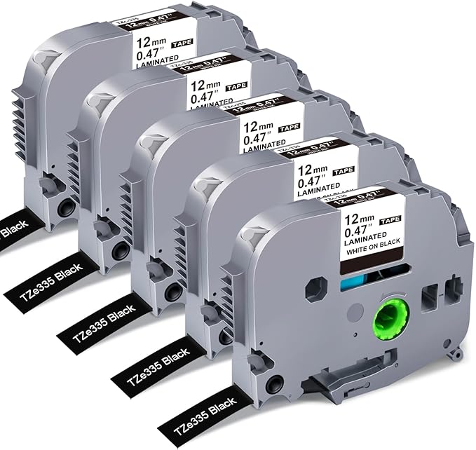 RAEMALL Replacement for Brother TZe-335 TZ-335 Laminated P Touch Label Tape 12mm 0.47 Inch White on Black Label Maker Tape for Brother PT-D210 H110 D220 D410, 5 Pack-DeskLoop Office