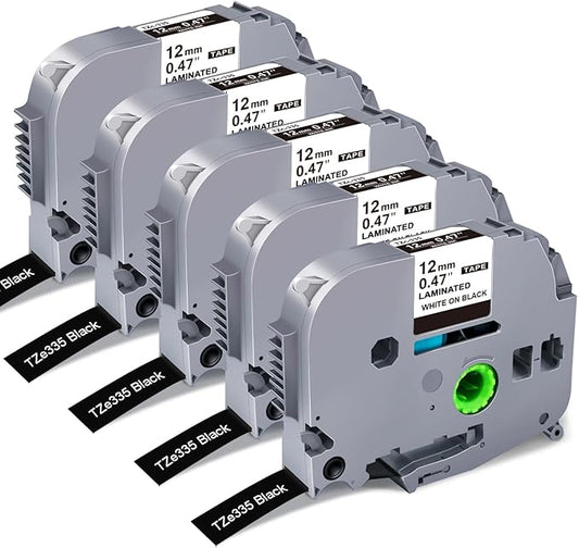 RAEMALL Replacement for Brother TZe-335 TZ-335 Laminated P Touch Label Tape 12mm 0.47 Inch White on Black Label Maker Tape for Brother PT-D210 H110 D220 D410, 5 Pack-DeskLoop Office