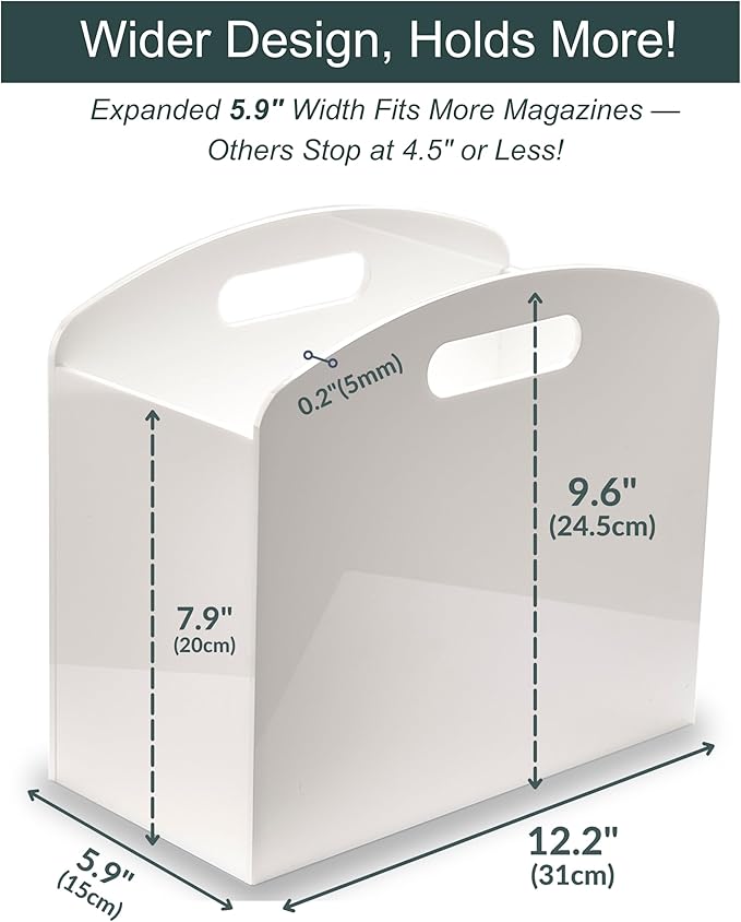 White Magazine Holder - Acrylic Magazine Rack Floor, Newspaper Stand with handles, Modern Lucite Magazine and Book Basket Box for Bathroom, Bedroom, Living Room-DeskLoop Office