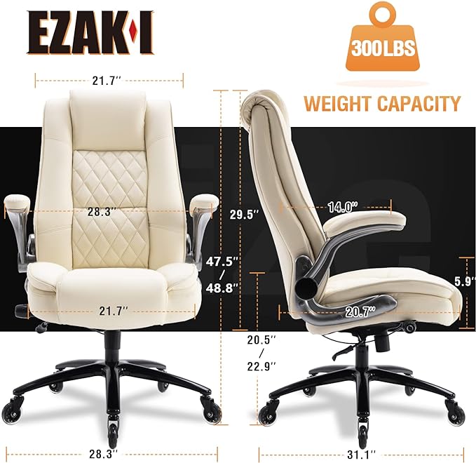 EZAKI High Back Office Chair-Flip-up Arms Executive Computer Desk Chair, Built-in Lumbar Support Thick Padded Adjustable Rock Tension Ergonomic Design for Back Pain (Beige)-DeskLoop Office